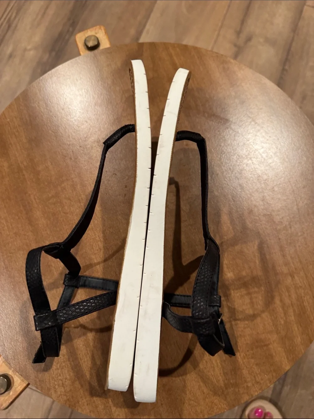 Sun + Stone Black T-Strap Sandals with Tan Footbed worn once women’s size 9.5